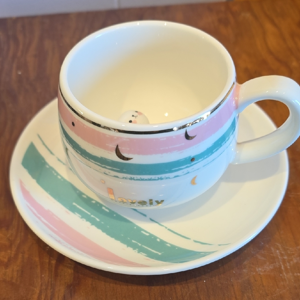 Brand New! Lovely Pastel Striped Cup and Saucer Set